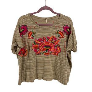 Free People Catalunya‎ Embroidered Striped Cuffed Sleeves Top Size S